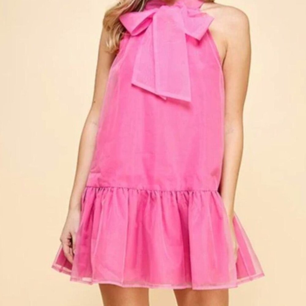 TCEC Hot Pink Bow Tie Neck Mini Dress | Size L | Organza Ruffle Hem